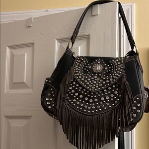 Elegant Studded Black and Brown Shoulder Bag